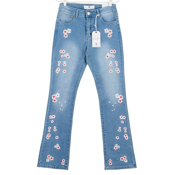Flying Angel Denim - NWT FLYING ANGEL Women's Blue Jeans Size 9/29 Flower Embroidery Boot Cut Stretch